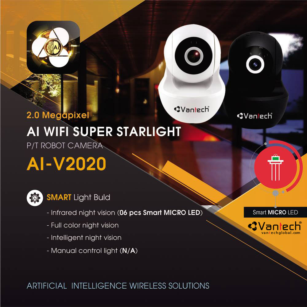 Camera Wifi Robot Pan/Tilt Super Starlight 2.0MP AI-V2020 Vantech Camera 2.0MP AI Wifi Robot Pan/Tilt Starlight AI-V2020