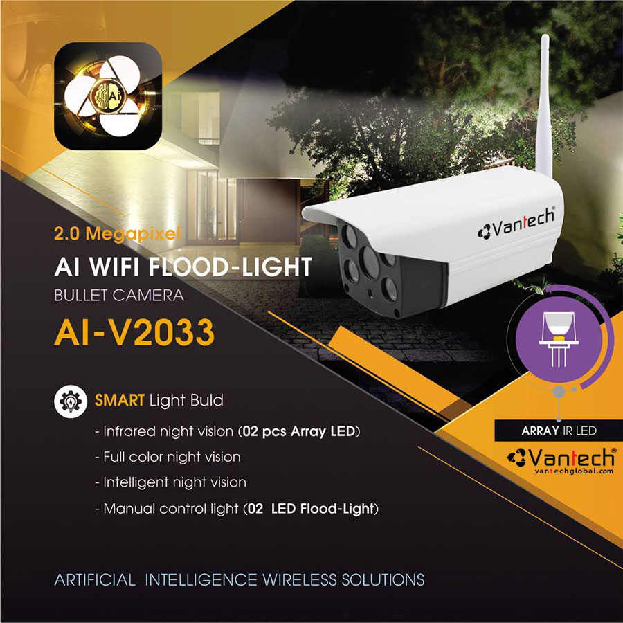 Vantech Camera Wifi Flood Light Onvif Bullet 2.0MP AI-V2033 Vantech Camera Wifi Flood Light Onvif Bullet 2.0MP AI-V2033