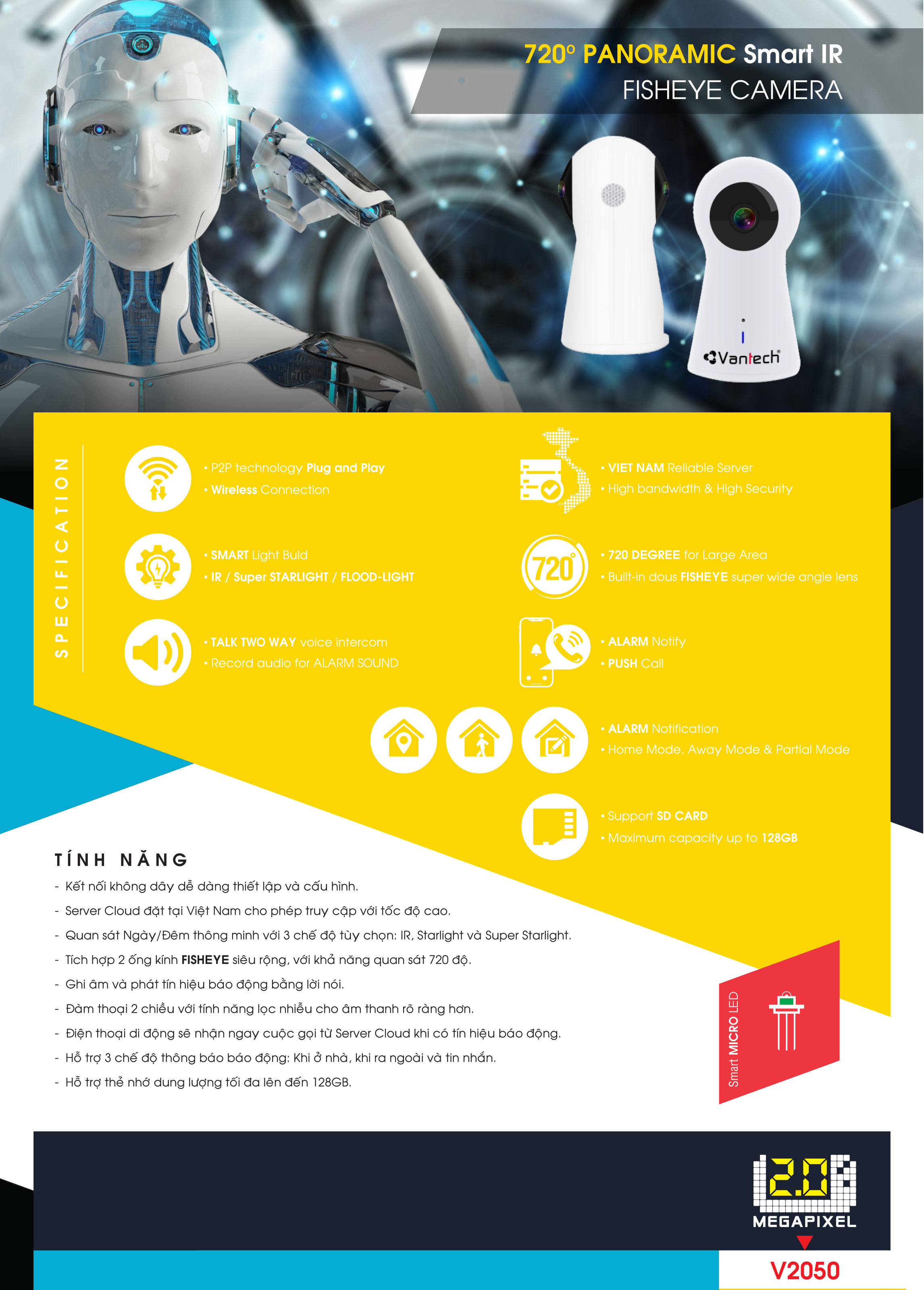 Tính năng Wifi AI Camera 720 Panoramic Smart IR Fisheye 2.0MP V2050 Tính năng Wifi AI Camera 720 Panoramic Smart IR Fisheye 2.0MP V2050